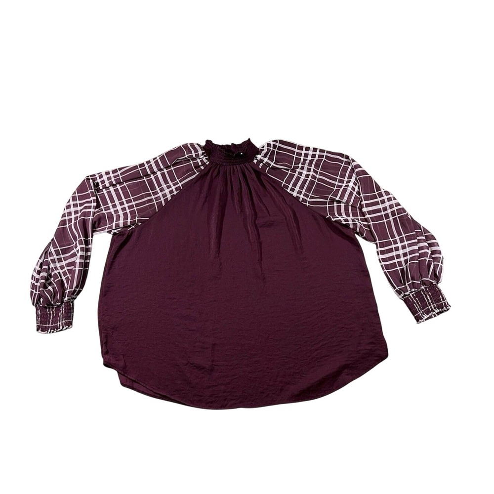 Cato Burgundy Plaid Raglan Sleeve Smocked Mock Neck Blouse Top 18/20W